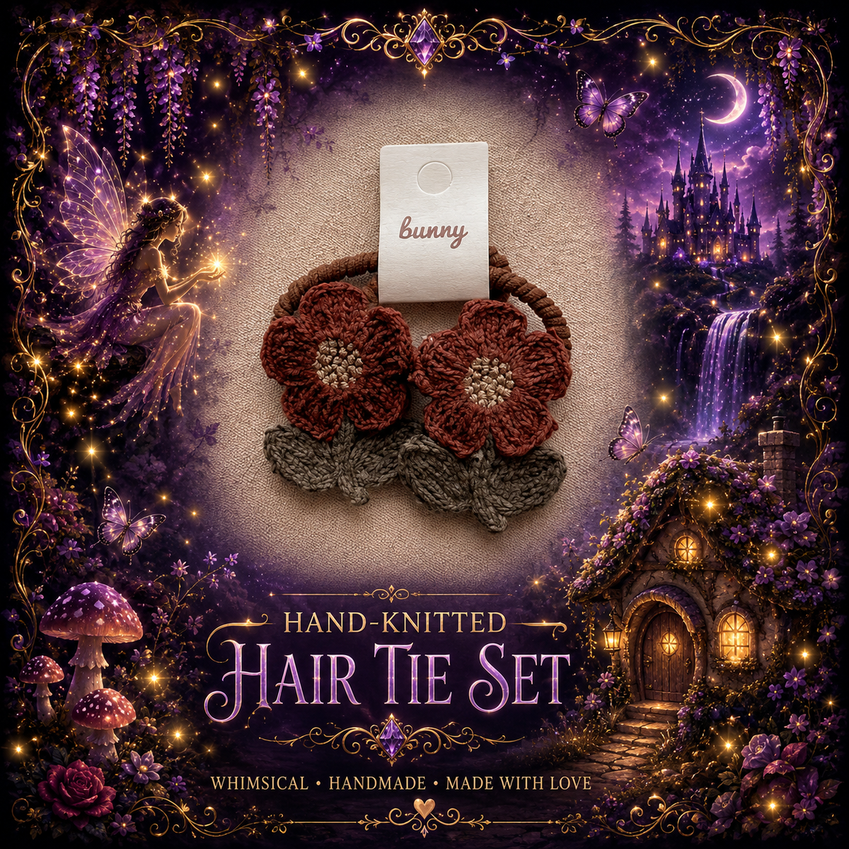 Hand knitted flower hair tie set