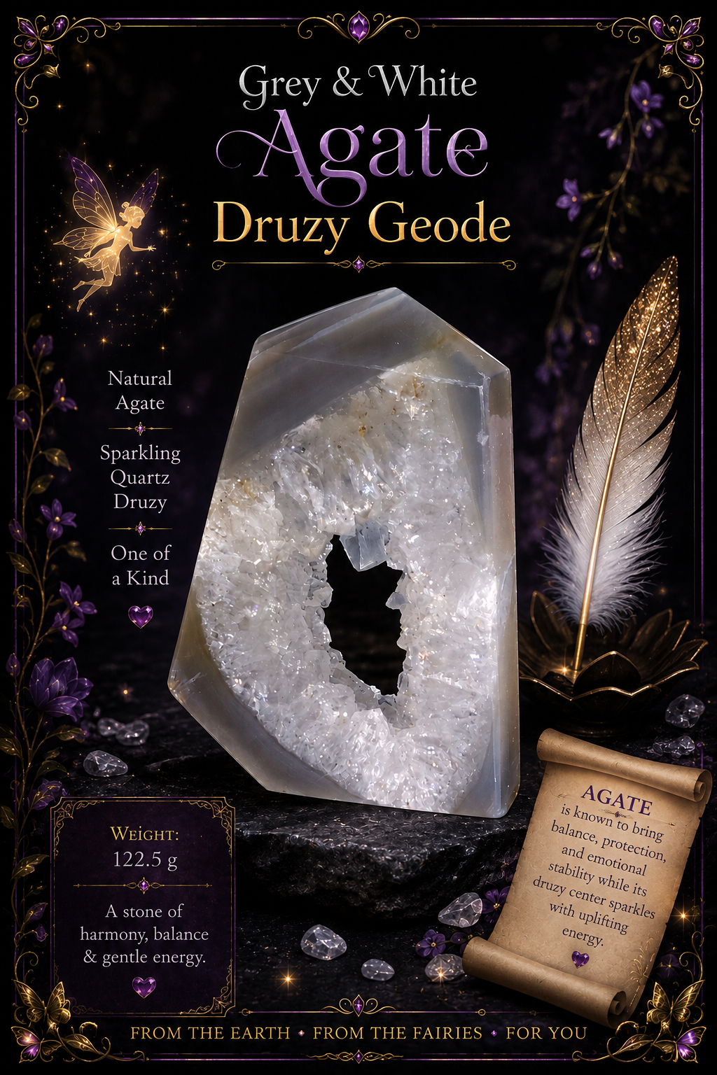 Grey and White Agate Druzy Geode